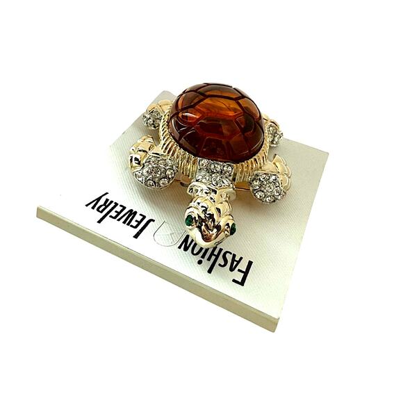 NWT 3.5" Large Gold Plated Faux Amber with Clear Rhinestone Sea Turtle Brooch - Picture 1 of 4